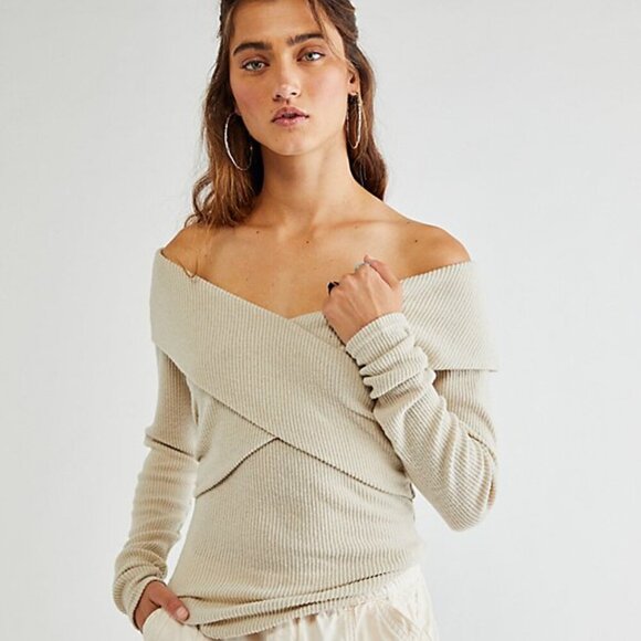 Free People Marley Off The Shoulder Twist Top In Oatmeal Size M - Picture 1 of 6